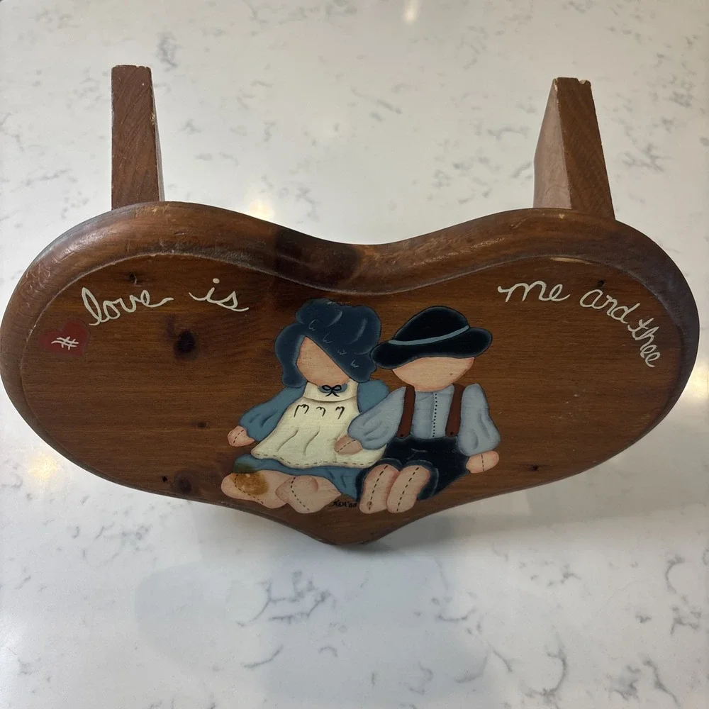 VTG Cottagecore Wood Heart-Shaped Footstool, Painted Doll 1988 Love Is Me & Thee